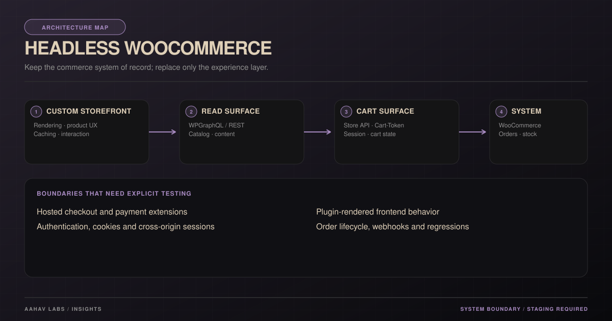 Architecture map showing a custom storefront, WPGraphQL or REST, WooCommerce Store API and WooCommerce as the system of record.